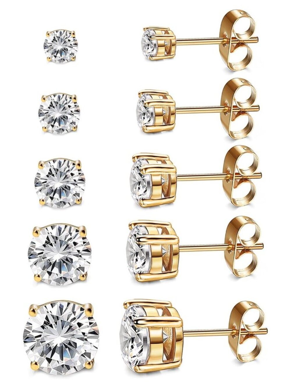 14K Gold Plated CZ Stud Earrings Hypoallergenic 5-Pack Set